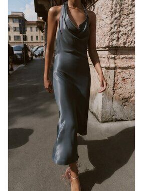 open lace back dress Zara Black Silk Satin Spaghetti Strap Cami Camisole Midi Tank Slip Dre –  Brie main image 1
